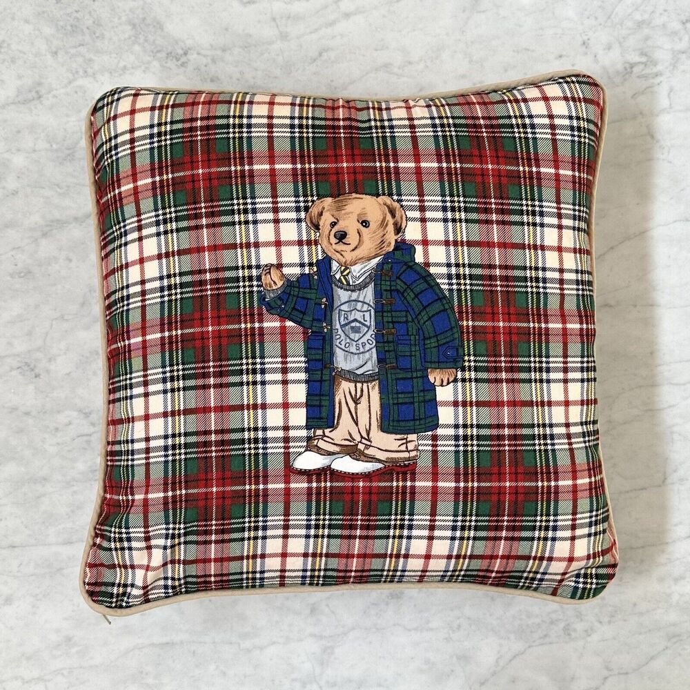 Polo Bear Ralph Lauren Winter Themed Throw Pillow Plaid Tartan Vintage 18" READ